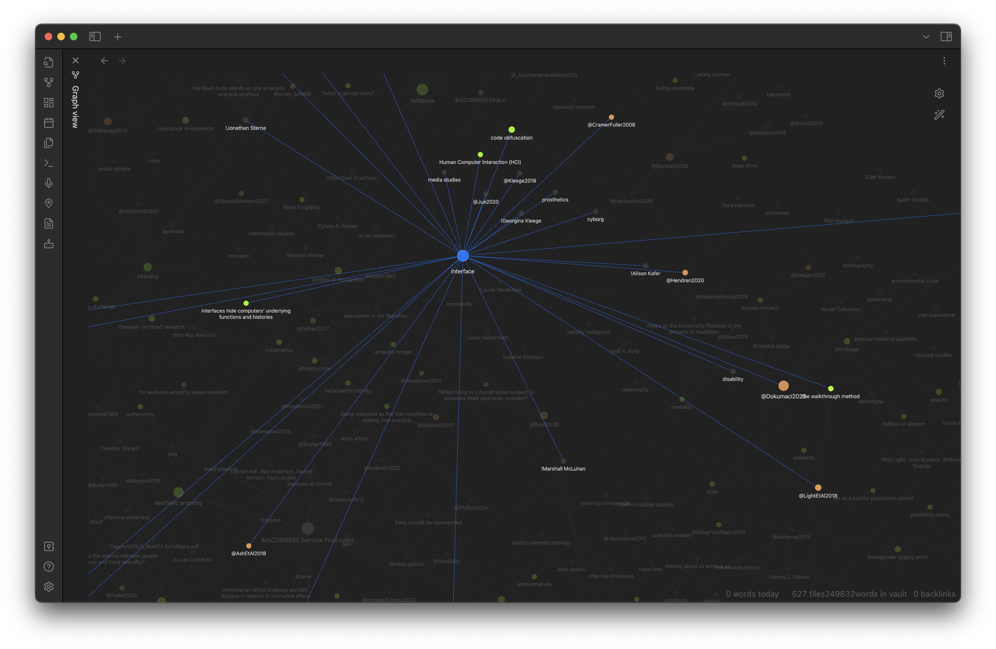 A network graph of nodes. The key node is named &ldquo;interface&rdquo; and is connected to nearly a dozen others, including examples like &ldquo;Human Computer Interaction (HCI)&rdquo;, &ldquo;cyborg,&rdquo; and &ldquo;@LightEtAl2018.&rdquo;