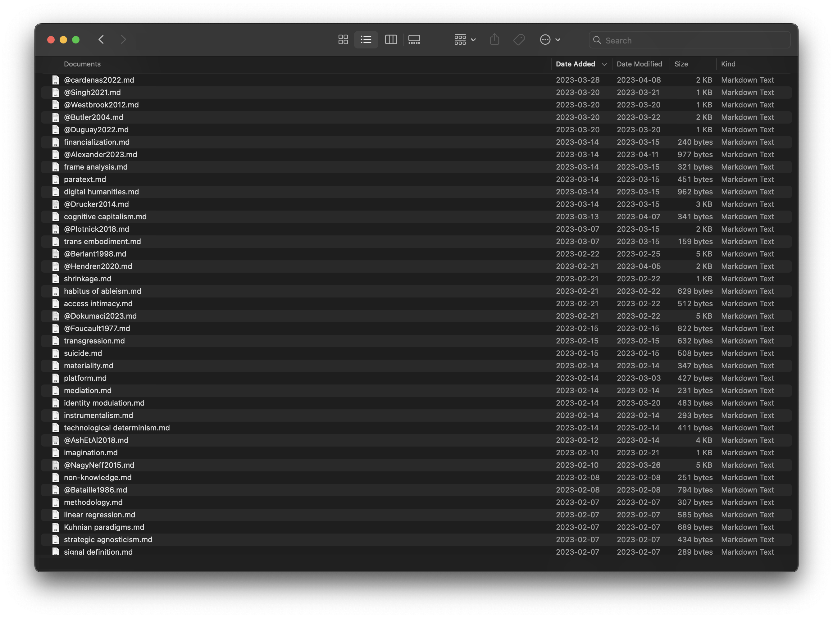 A screenshot of a file folder system listing approximately 25 Markdown files. Each file is titled with the name of a concept or source, such as &ldquo;paratext.md,&rdquo; &ldquo;digital humanities.md,&rdquo; or &ldquo;@Berlant1998.md.&rdquo;