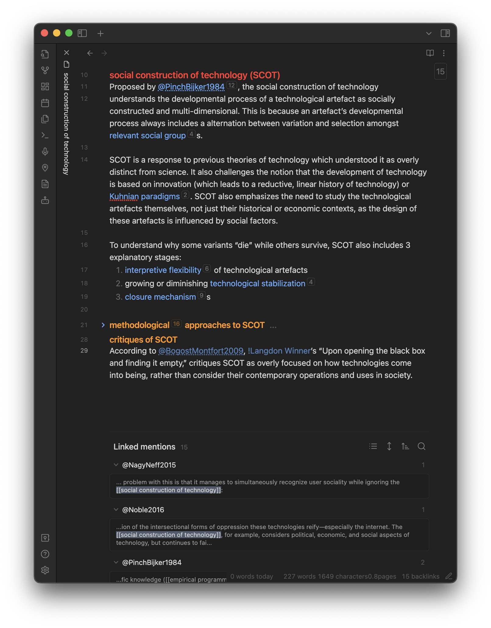 A screenshot fro Obsidian of a note titled &ldquo;social construction of technology (SCOT),&rdquo; which describes the theory with links to other concepts such as &ldquo;relevant social group&rdquo; and sources such as &ldquo;@PinchBijker1985.&rdquo;