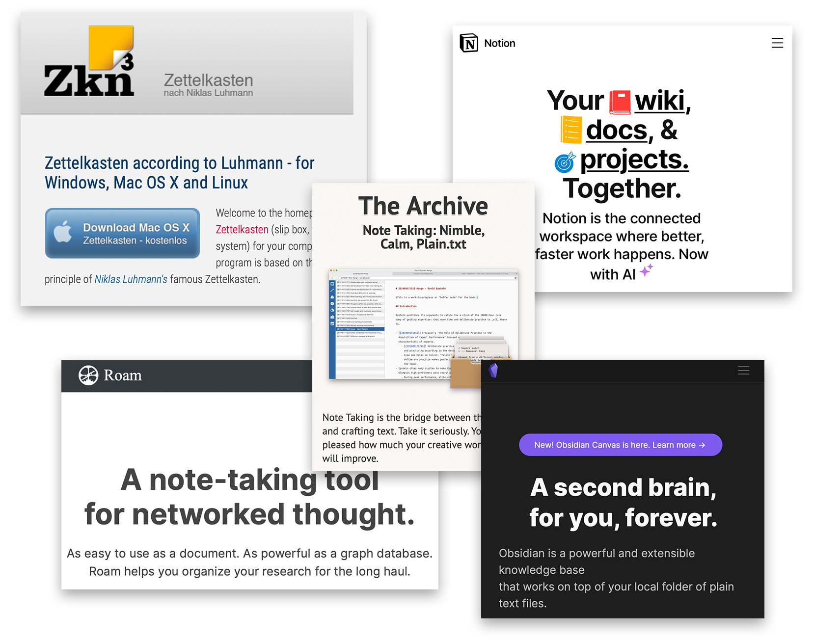 Five examples of networked note-taking software, include Zettelkasten, Notion, The Archive, Obsidian, and Roam.