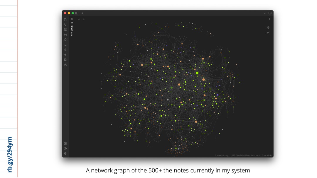 Slide 16: A zoomed out version of the network graph, which looks like a large orb full of green and orange dots. The caption reads “A network graph of the 500+ notes currently in my system.”