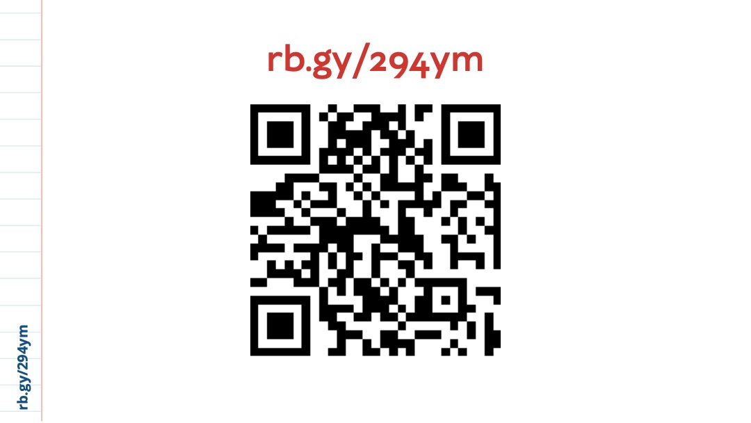 Slide 2: A white slide with a large QR code and the same link, rb.gy/294ym at the top.