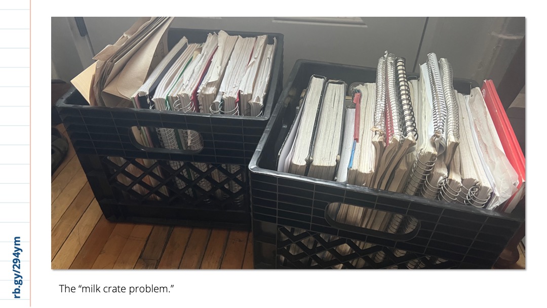 Slide 3: An image of two black milk crates, stuffed full of notebooks. The caption reads “The ‘milk crate problem.’” 